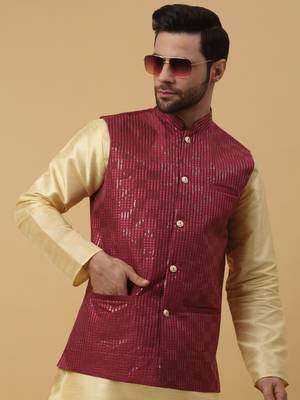 Men's Cotton Silk Sequenced Embroidered Maroon Nehru Jacket 6