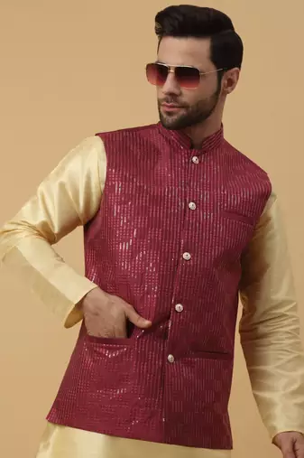 Men's Cotton Silk Sequenced Embroidered Maroon Nehru Jacket