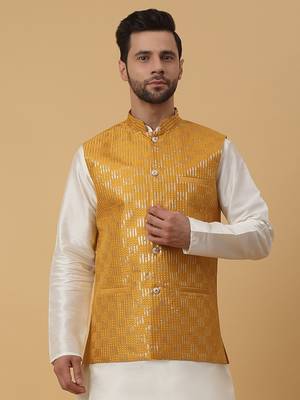 Men's Cotton Silk Sequenced Embroidered Yellow Nehru Jacket 1
