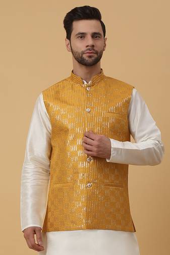 Men's Cotton Silk Sequenced Embroidered Yellow Nehru Jacket