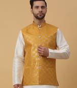 Men's Cotton Silk Sequenced Embroidered Yellow Nehru Jacket