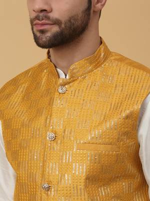 Men's Cotton Silk Sequenced Embroidered Yellow Nehru Jacket 2