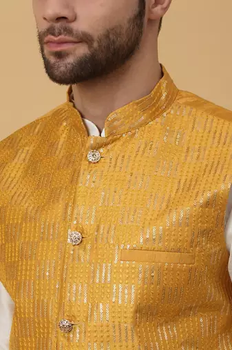 Men's Cotton Silk Sequenced Embroidered Yellow Nehru Jacket