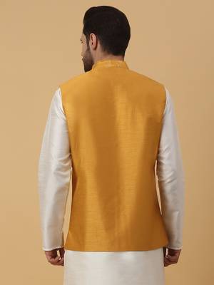 Men's Cotton Silk Sequenced Embroidered Yellow Nehru Jacket 3