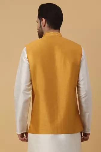Men's Cotton Silk Sequenced Embroidered Yellow Nehru Jacket
