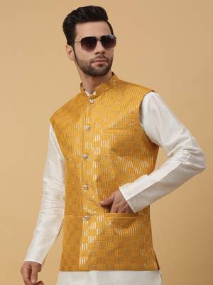 Men's Cotton Silk Sequenced Embroidered Yellow Nehru Jacket 4