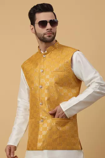 Men's Cotton Silk Sequenced Embroidered Yellow Nehru Jacket