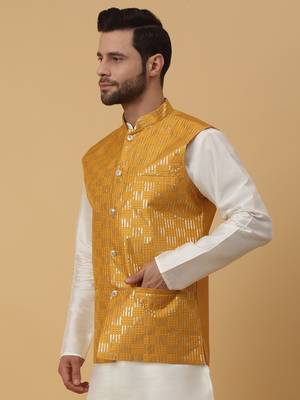 Men's Cotton Silk Sequenced Embroidered Yellow Nehru Jacket 5