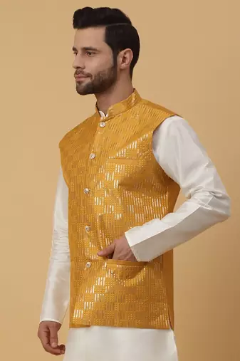 Men's Cotton Silk Sequenced Embroidered Yellow Nehru Jacket