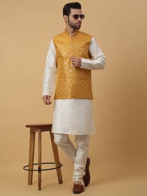 Men's Cotton Silk Sequenced Embroidered Yellow Nehru Jacket 6