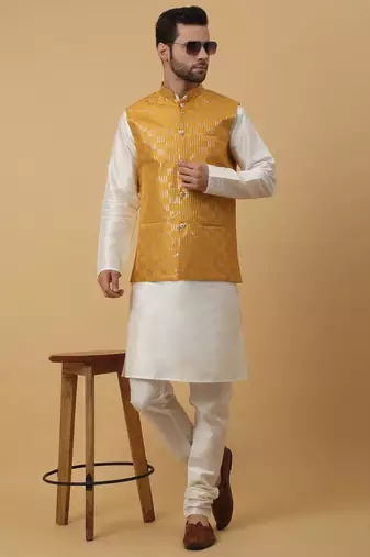 Men's Cotton Silk Sequenced Embroidered Yellow Nehru Jacket
