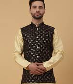 Men's Cotton Silk Sequenced Embroidered Floral Black Nehru Jacket