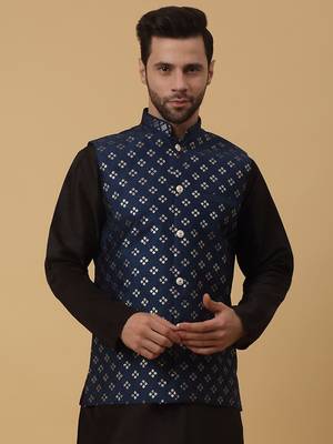 Men's Cotton Silk Sequenced Embroidered Floral Blue Nehru Jacket 1