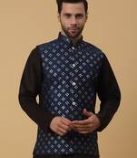 Men's Cotton Silk Sequenced Embroidered Floral Blue Nehru Jacket