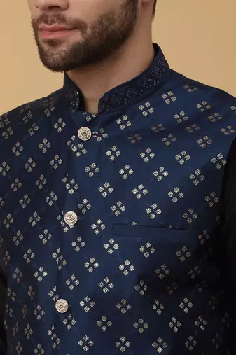 Men's Cotton Silk Sequenced Embroidered Floral Blue Nehru Jacket
