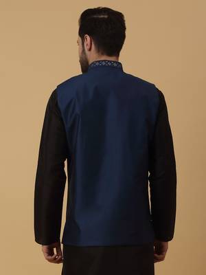 Men's Cotton Silk Sequenced Embroidered Floral Blue Nehru Jacket 3