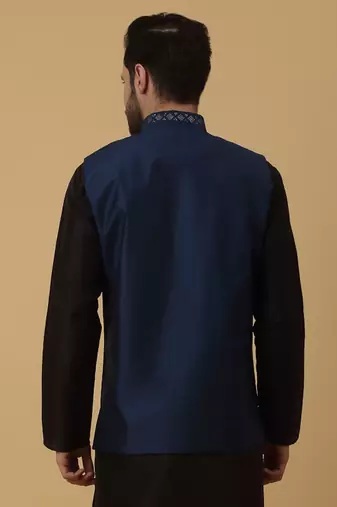 Men's Cotton Silk Sequenced Embroidered Floral Blue Nehru Jacket
