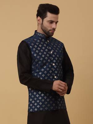 Men's Cotton Silk Sequenced Embroidered Floral Blue Nehru Jacket 4