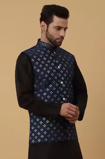 Men's Cotton Silk Sequenced Embroidered Floral Blue Nehru Jacket