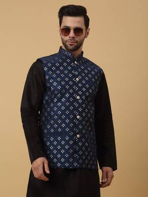 Men's Cotton Silk Sequenced Embroidered Floral Blue Nehru Jacket 5
