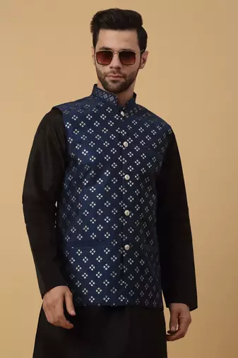 Men's Cotton Silk Sequenced Embroidered Floral Blue Nehru Jacket