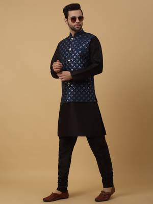 Men's Cotton Silk Sequenced Embroidered Floral Blue Nehru Jacket 6