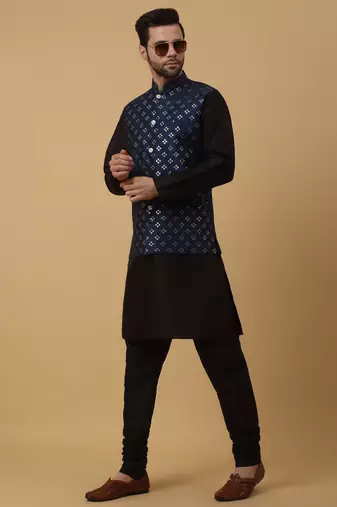 Men's Cotton Silk Sequenced Embroidered Floral Blue Nehru Jacket