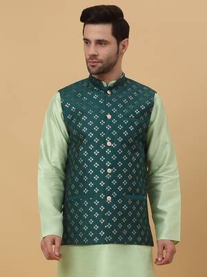 Men's Cotton Silk Sequenced Embroidered Floral Green Nehru Jacket 1