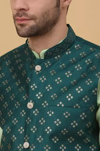 Men's Cotton Silk Sequenced Embroidered Floral Green Nehru Jacket