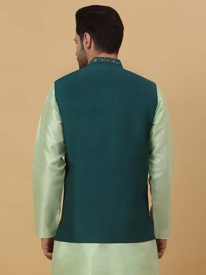 Men's Cotton Silk Sequenced Embroidered Floral Green Nehru Jacket 3