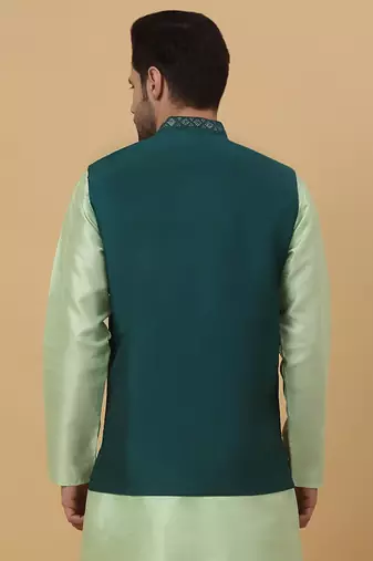 Men's Cotton Silk Sequenced Embroidered Floral Green Nehru Jacket