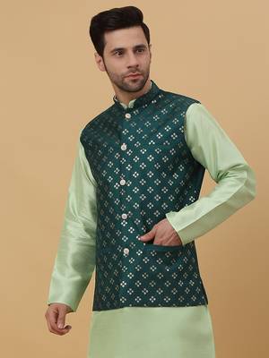 Men's Cotton Silk Sequenced Embroidered Floral Green Nehru Jacket 4