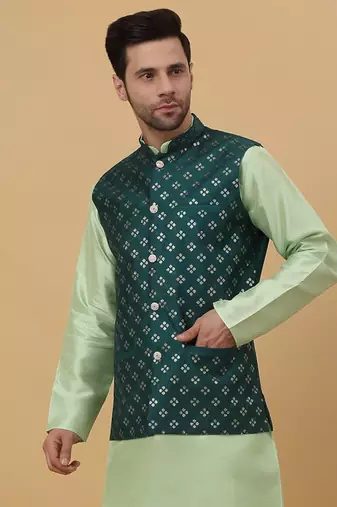 Men's Cotton Silk Sequenced Embroidered Floral Green Nehru Jacket
