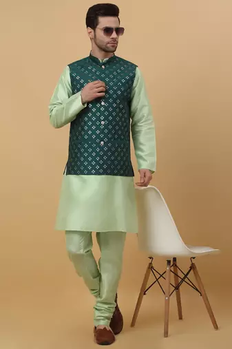 Men's Cotton Silk Sequenced Embroidered Floral Green Nehru Jacket