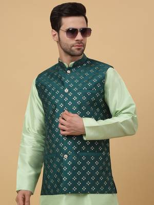 Men's Cotton Silk Sequenced Embroidered Floral Green Nehru Jacket 6