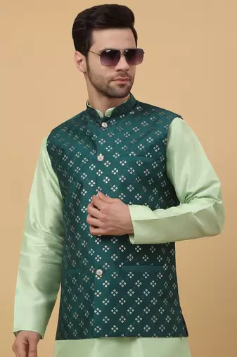 Men's Cotton Silk Sequenced Embroidered Floral Green Nehru Jacket