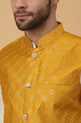 Men's Cotton Silk Sequenced Embroidered Floral Mustard Nehru Jacket