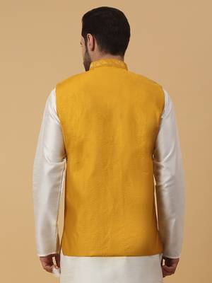 Men's Cotton Silk Sequenced Embroidered Floral Mustard Nehru Jacket 3