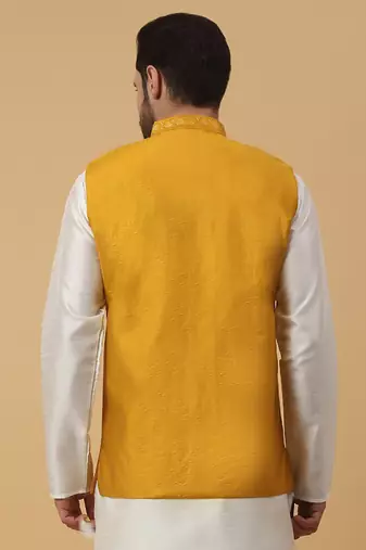 Men's Cotton Silk Sequenced Embroidered Floral Mustard Nehru Jacket