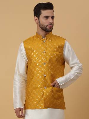 Men's Cotton Silk Sequenced Embroidered Floral Mustard Nehru Jacket 1