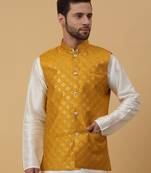Men's Cotton Silk Sequenced Embroidered Floral Mustard Nehru Jacket