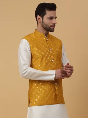 Men's Cotton Silk Sequenced Embroidered Floral Mustard Nehru Jacket 4