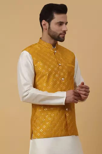 Men's Cotton Silk Sequenced Embroidered Floral Mustard Nehru Jacket