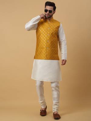 Men's Cotton Silk Sequenced Embroidered Floral Mustard Nehru Jacket 5