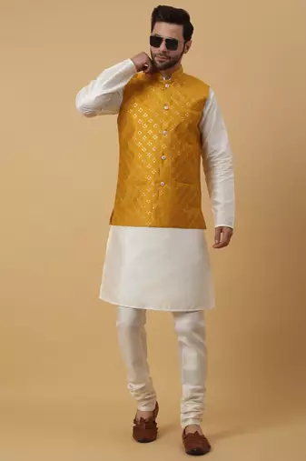 Men's Cotton Silk Sequenced Embroidered Floral Mustard Nehru Jacket