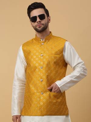 Men's Cotton Silk Sequenced Embroidered Floral Mustard Nehru Jacket 6