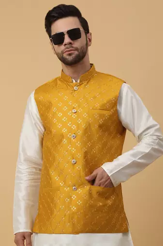 Men's Cotton Silk Sequenced Embroidered Floral Mustard Nehru Jacket