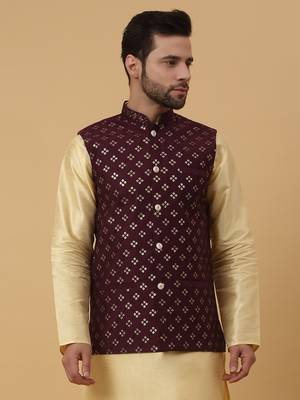 Men's Cotton Silk Sequenced Embroidered Floral Maroon Nehru Jacket 1