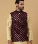 Men's Cotton Silk Sequenced Embroidered Floral Maroon Nehru Jacket