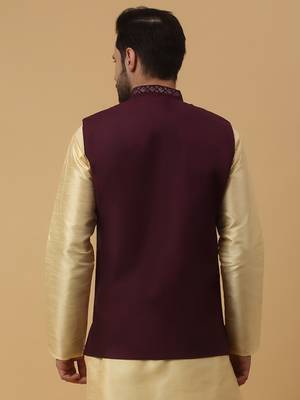 Men's Cotton Silk Sequenced Embroidered Floral Maroon Nehru Jacket 3